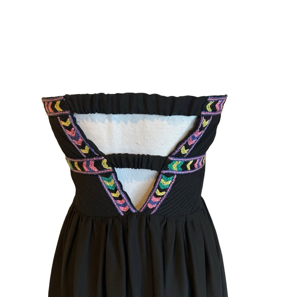 Parker Women's S Silk Black Mini Dress w/ Embroidery Strapless Small - Picture 5 of 6